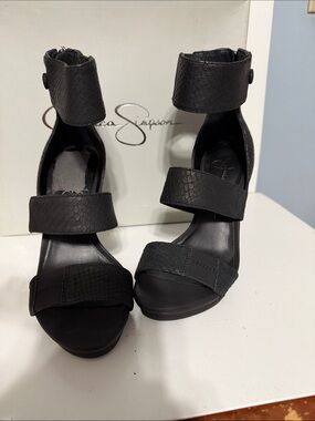 Jessica Black Strappy Textured Ankle-Heel Sandals